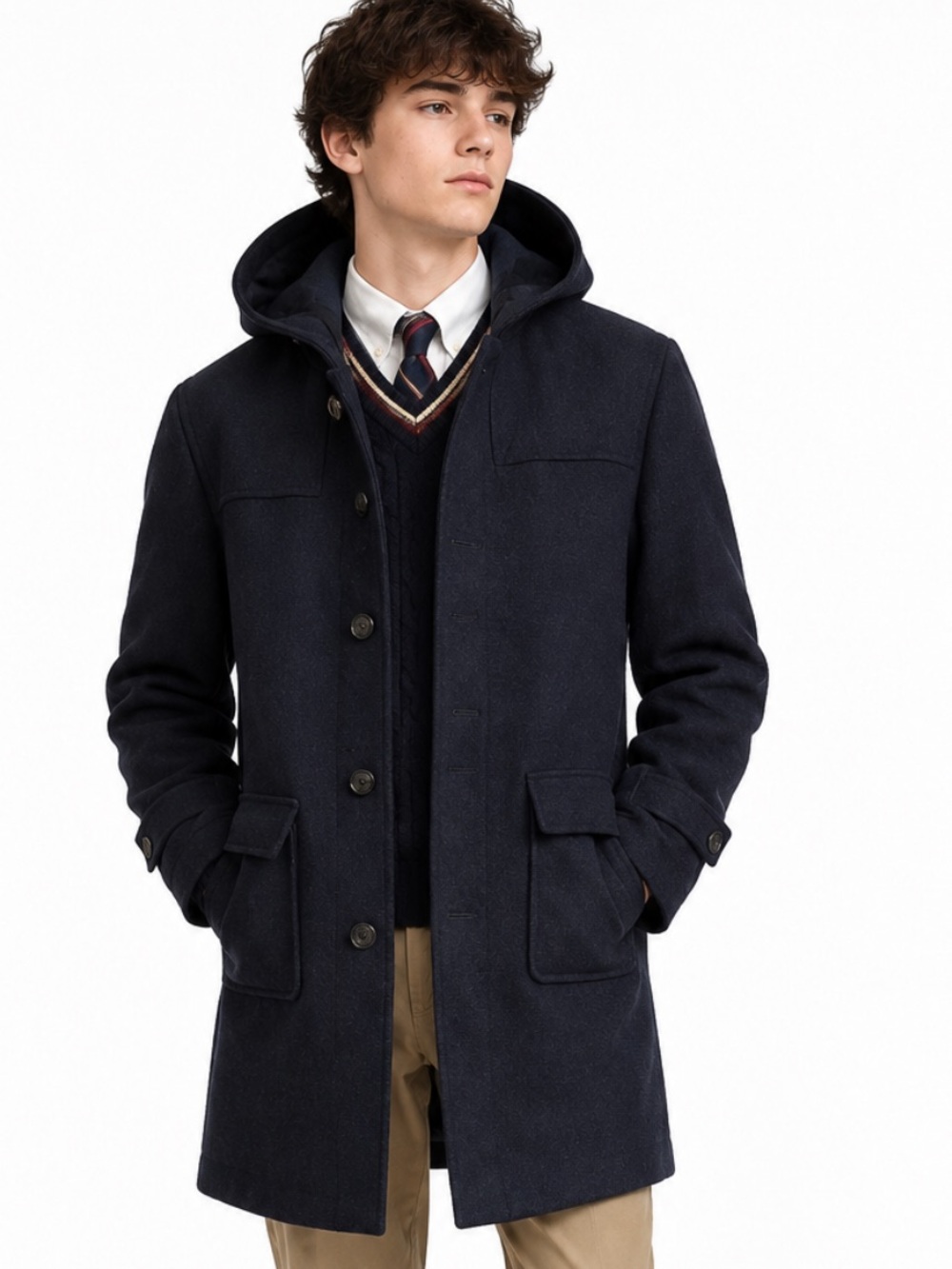 Lauren Ralph Lauren Big Boy Wool Navy Hooded Button-Front Coat